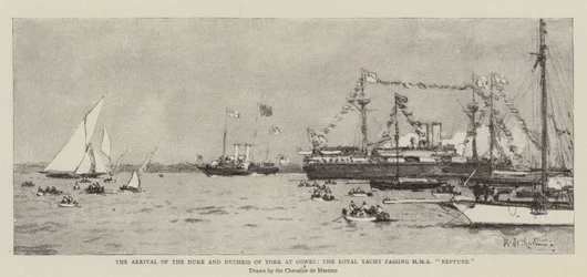 De aankomst van de hertog en hertogin van York in Cowes, het koninklijke jacht passeert HMS Neptune